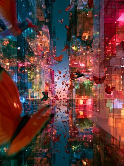 Neon Butterfly Cityscape Print.