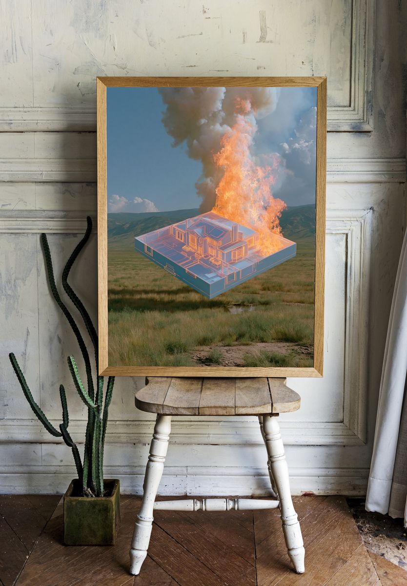 Burning House Blueprint Print. room preview
