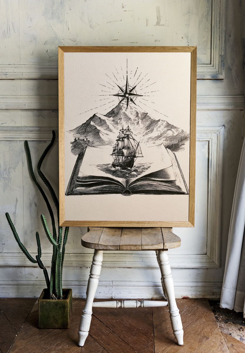 Sailing Book and Mountain Print. — room view 1
