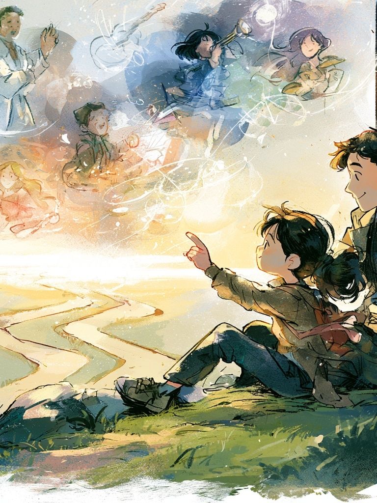 Dreamy Family Sunset Illustration Poster. poster detail