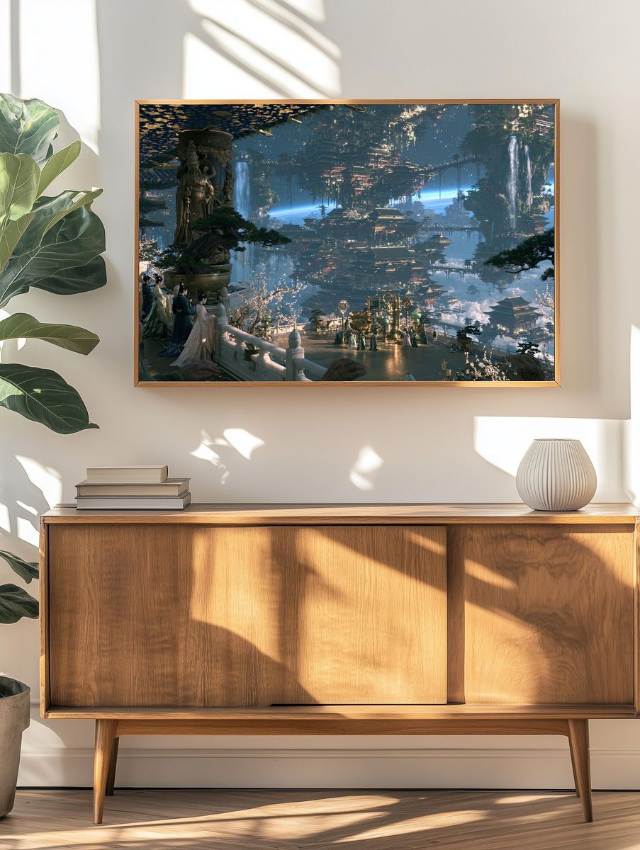 Celestial Floating Temple Illustration Poster. — room view 3