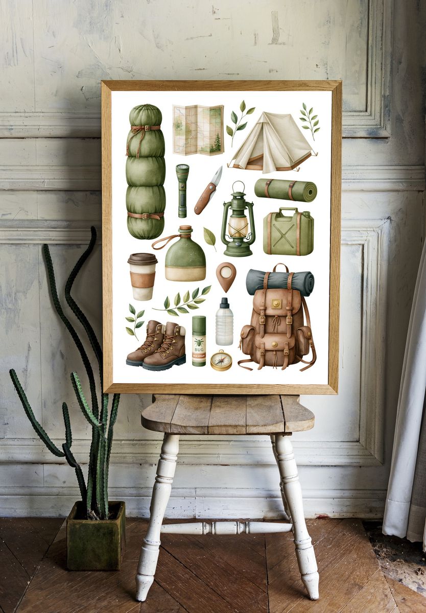 Camping Gear Watercolor Poster. room preview
