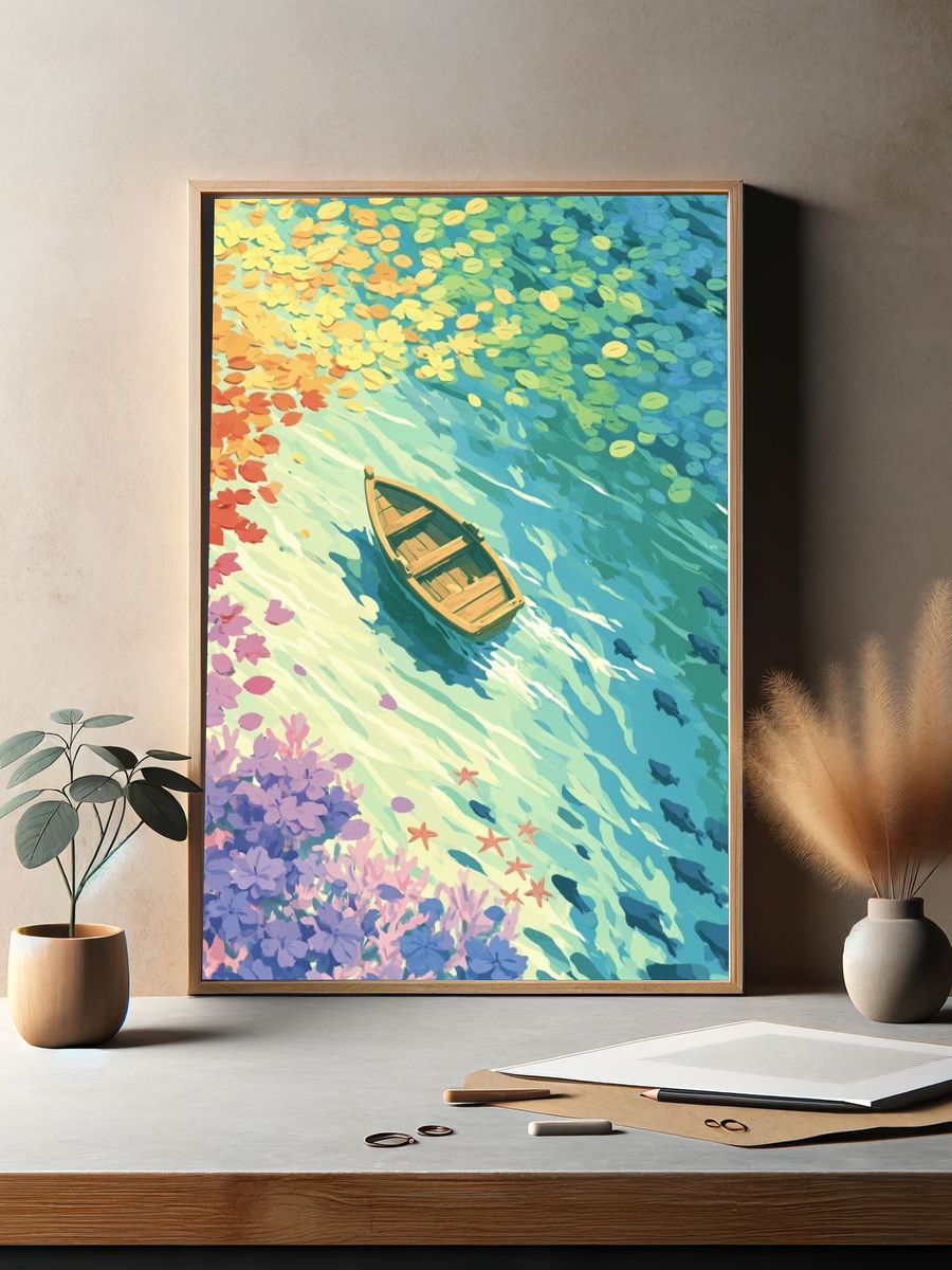 Colorful Boat on Water Illustration Poster. — room view 2