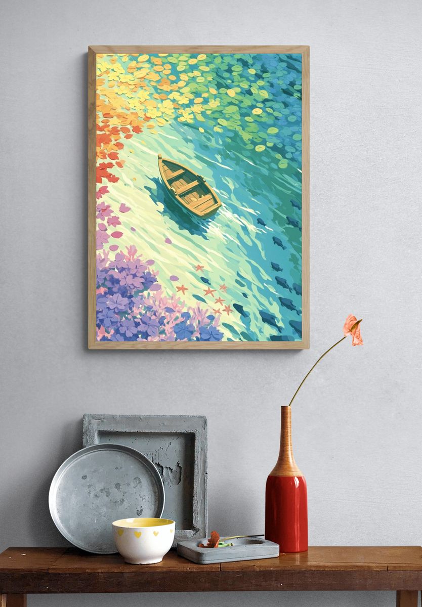 Colorful Boat on Water Illustration Poster. — room view 3