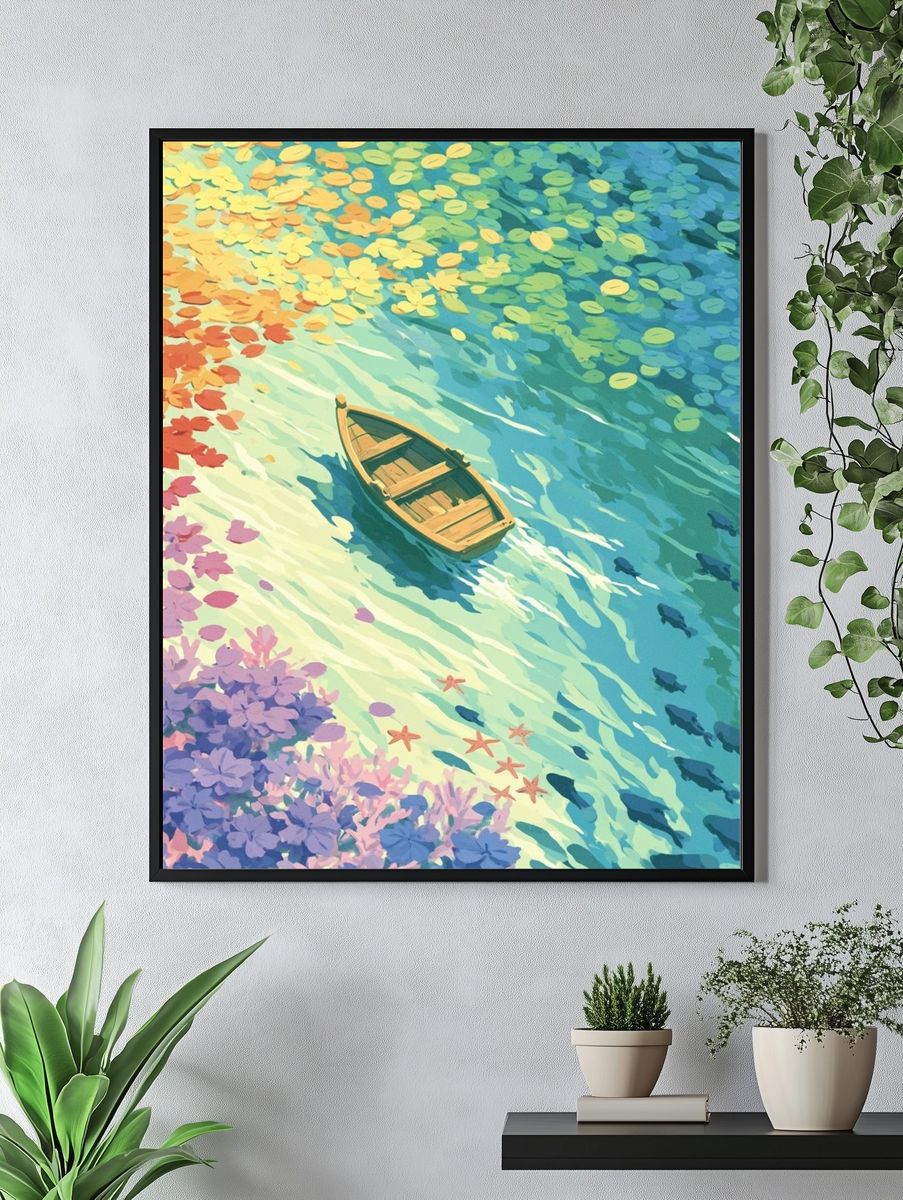 Colorful Boat on Water Illustration Poster. — room view 4