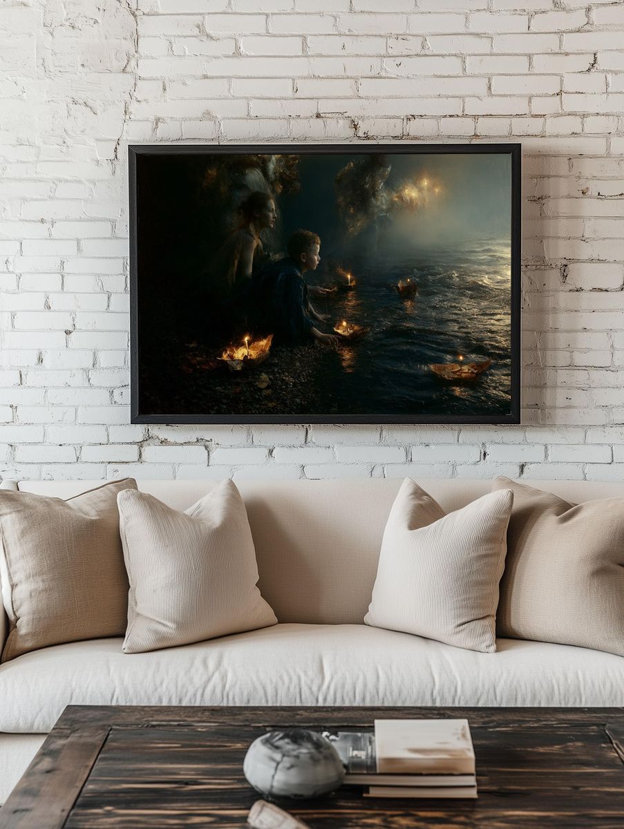 Lanterns on the Shore Surrealism Print. — room view 1