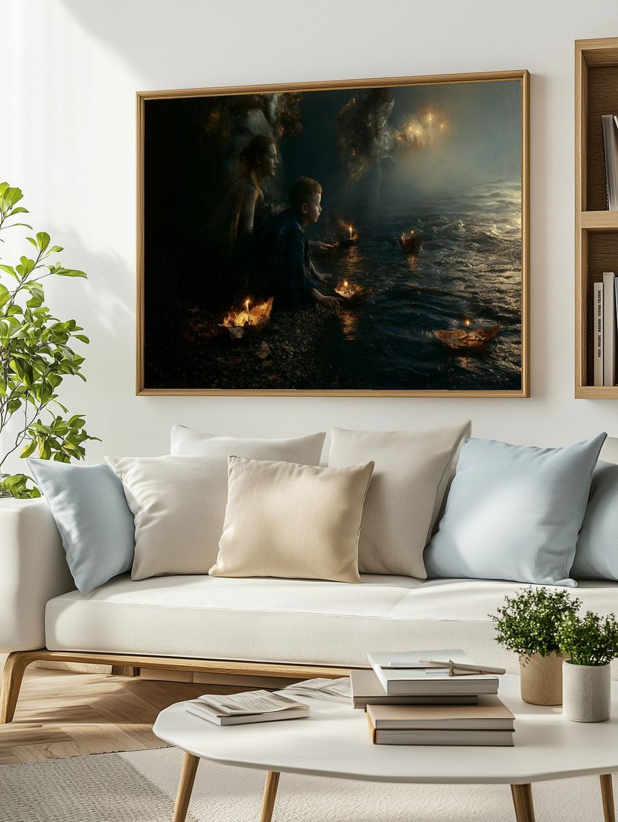 Lanterns on the Shore Surrealism Print. — room view 2