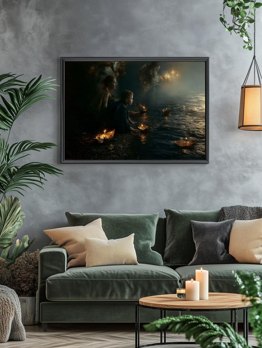 Lanterns on the Shore Surrealism Print. — room view 4