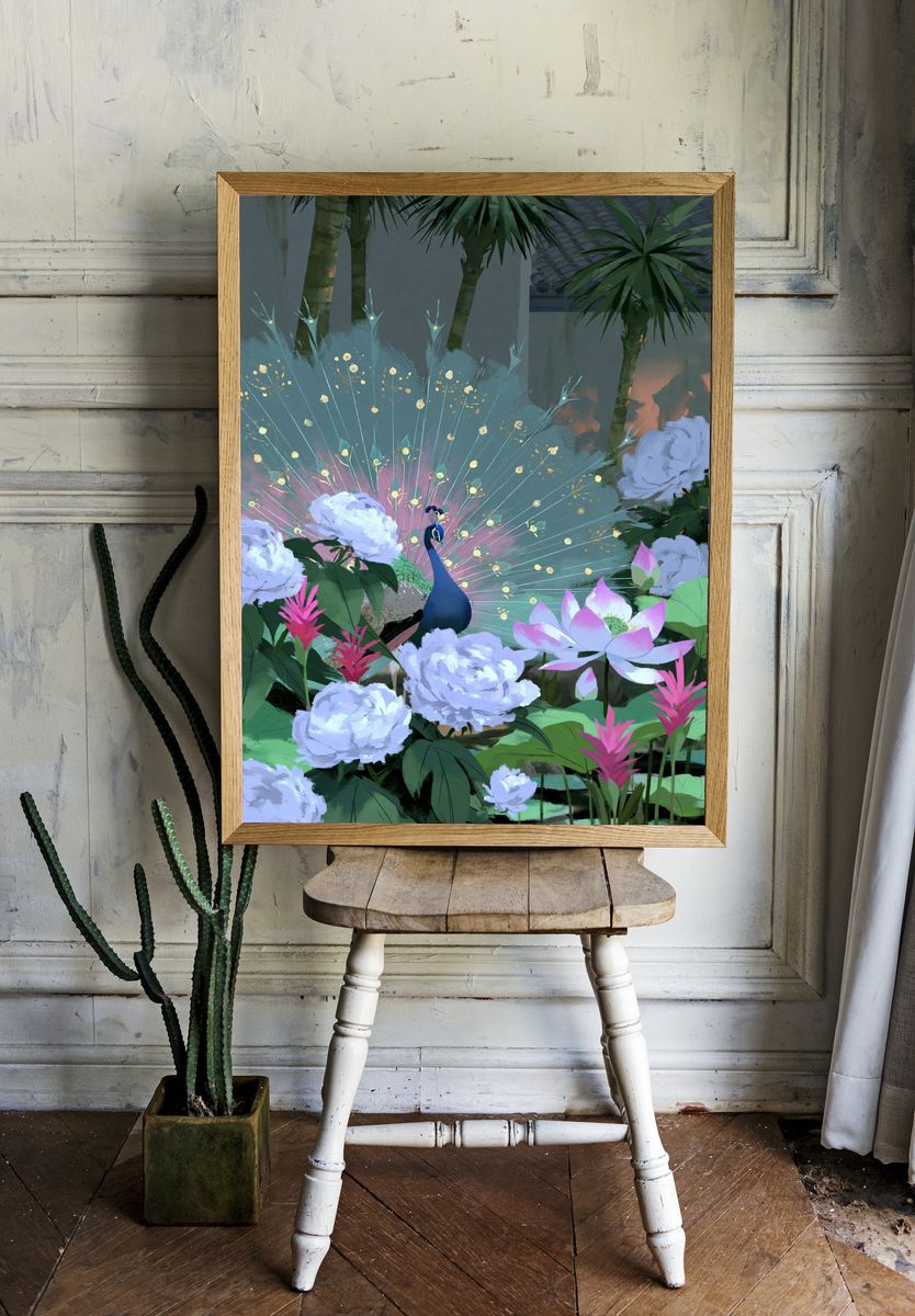 Peacock Garden Digital Art Poster. — room view 1