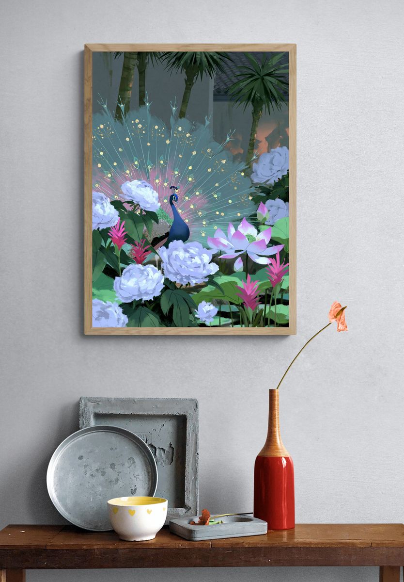 Peacock Garden Digital Art Poster. — room view 3