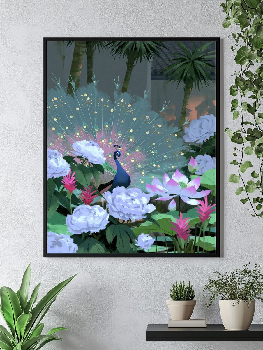 Peacock Garden Digital Art Poster. — room view 4
