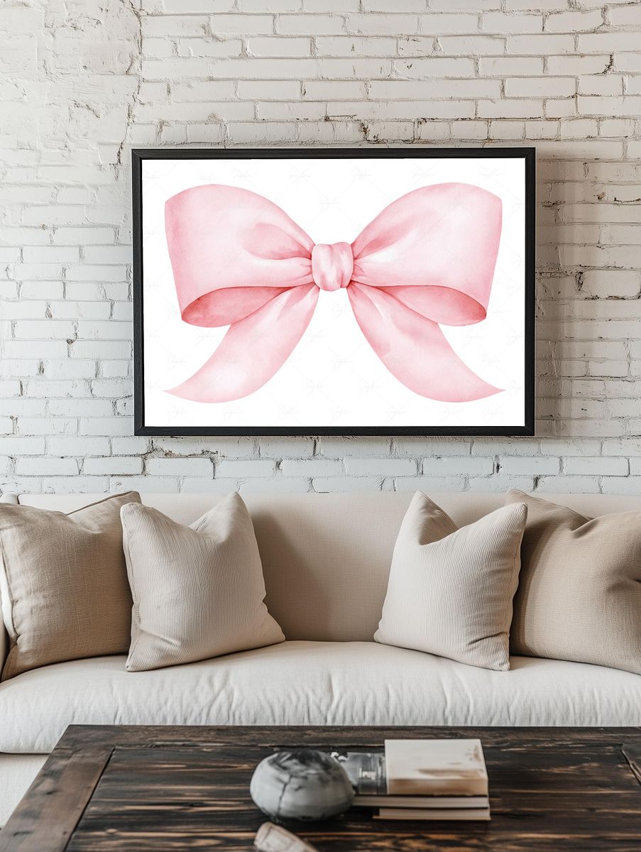 Pink Bow Watercolor Print. room preview