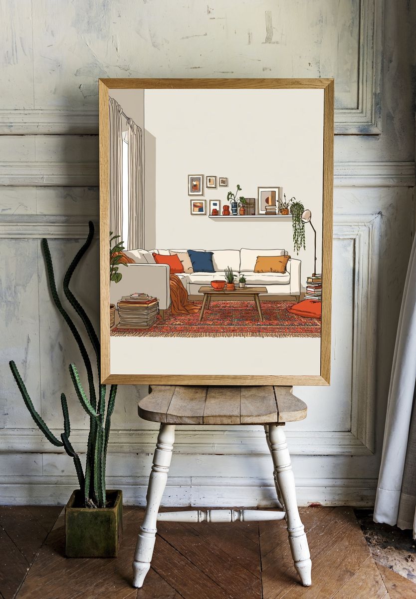 Cozy Boho Living Room Illustration Poster. — room view 1