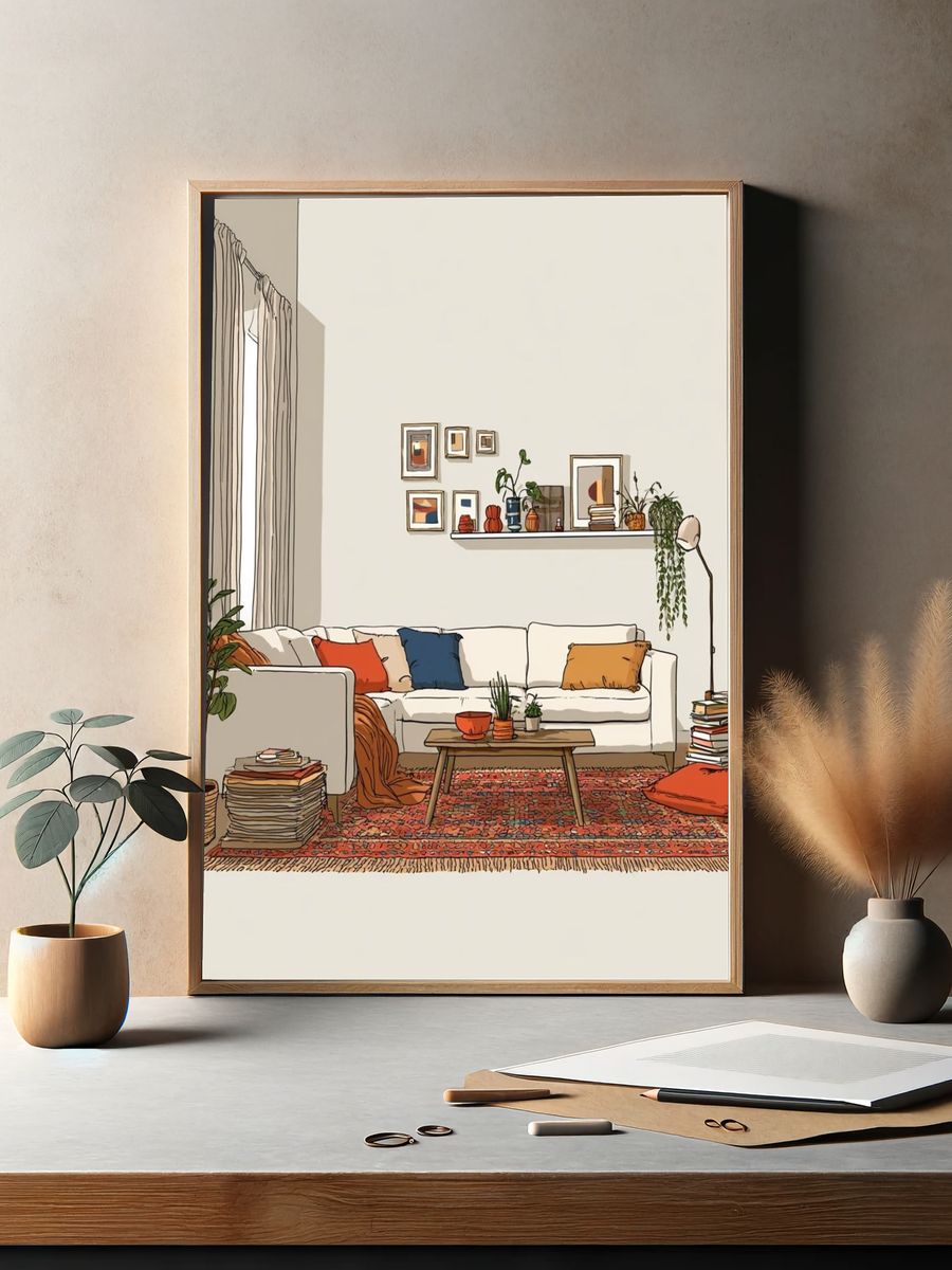 Cozy Boho Living Room Illustration Poster. — room view 2