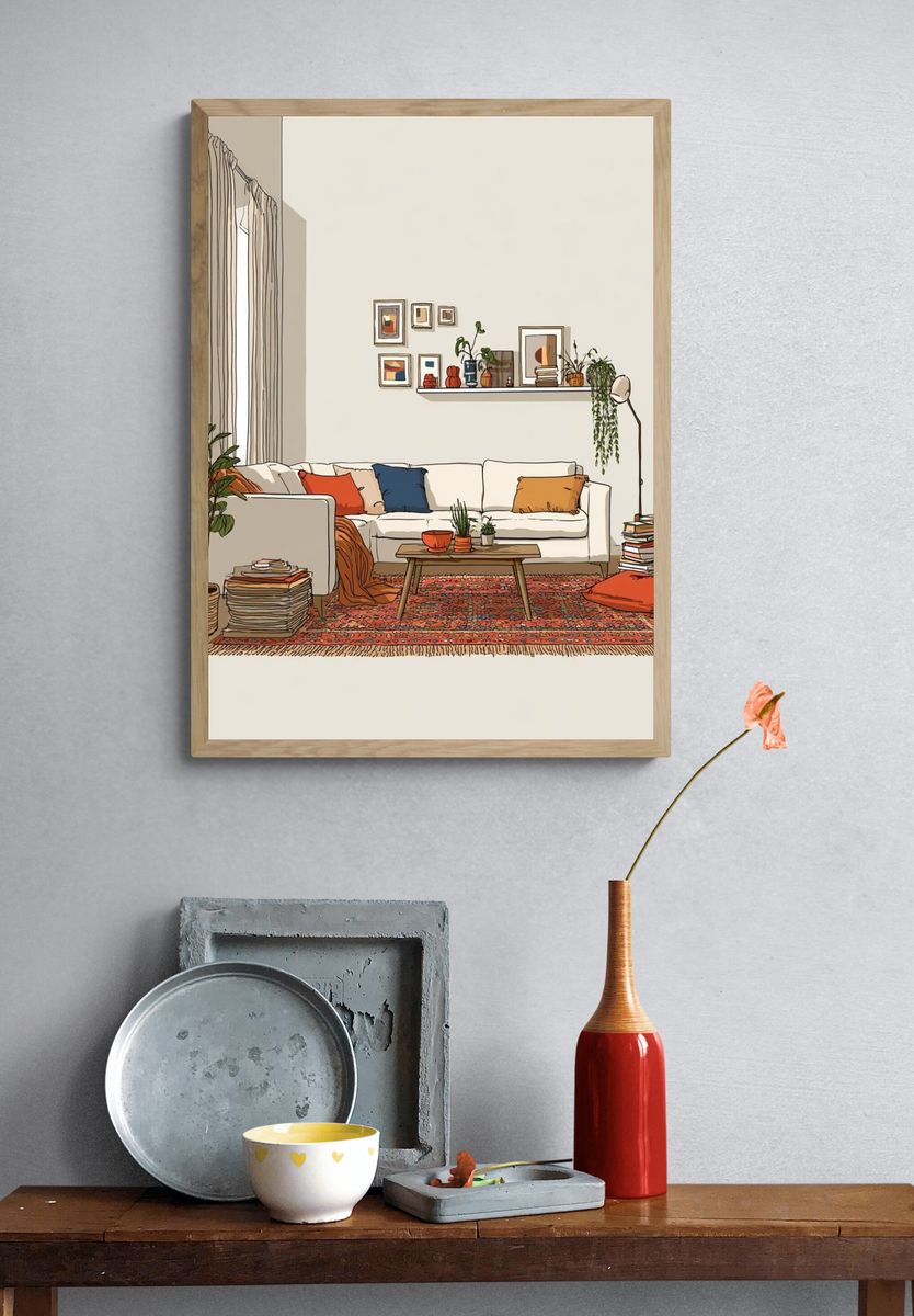 Cozy Boho Living Room Illustration Poster. — room view 3