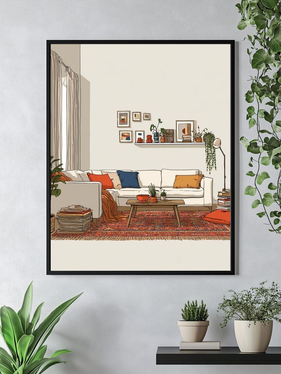 Cozy Boho Living Room Illustration Poster. — room view 4