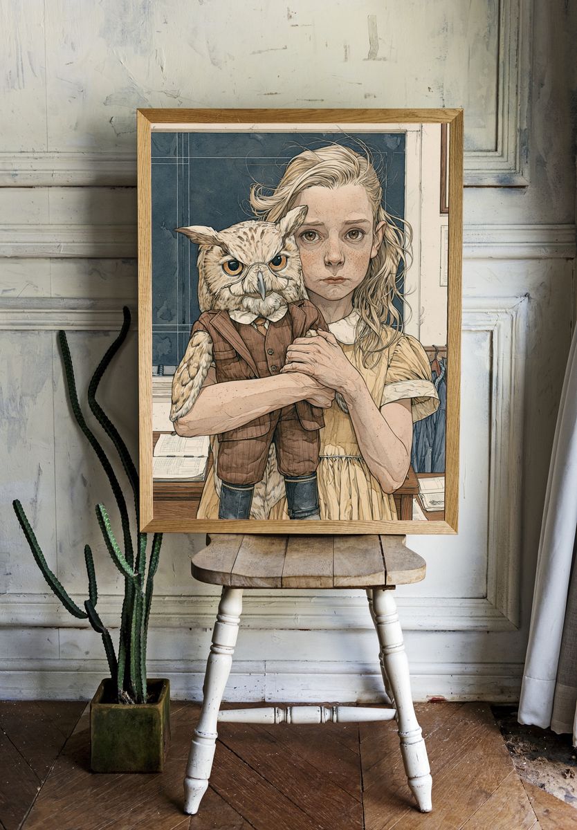 Girl with Owl Portrait Print. room preview