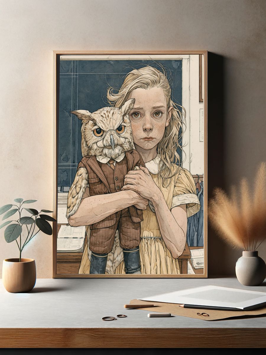 Girl with Owl Portrait Print. — room view 2