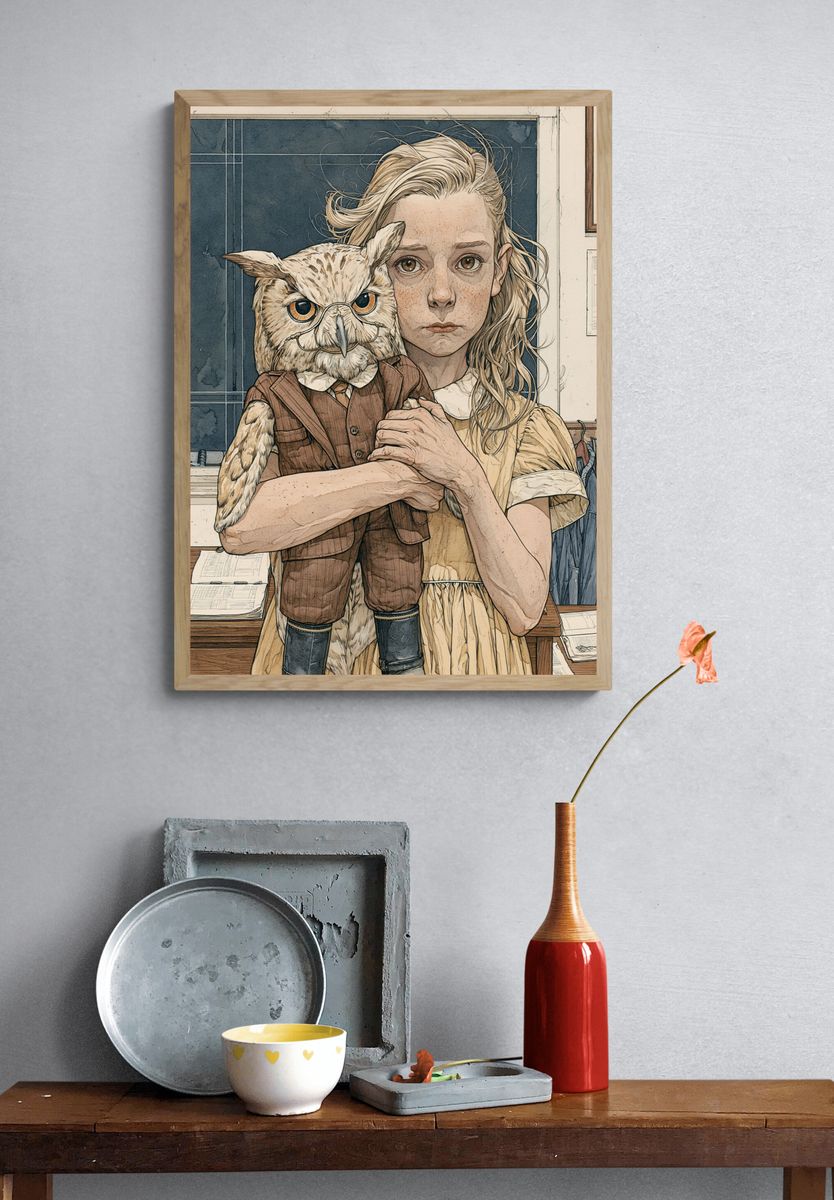 Girl with Owl Portrait Print. — room view 3