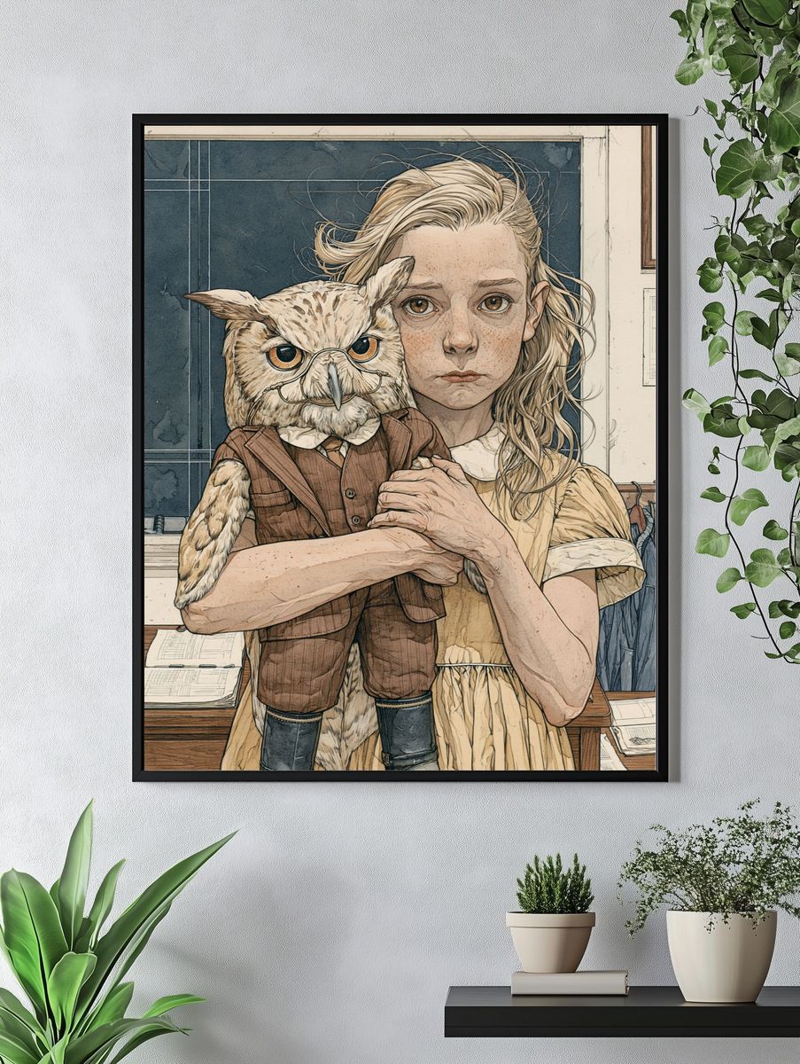 Girl with Owl Portrait Print. — room view 4