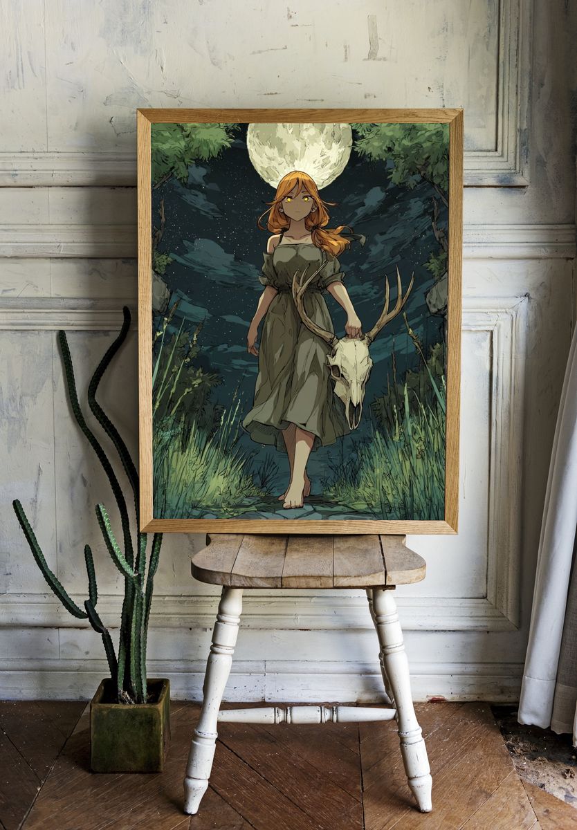 Moonlit Forest Girl Illustration Poster. — room view 1