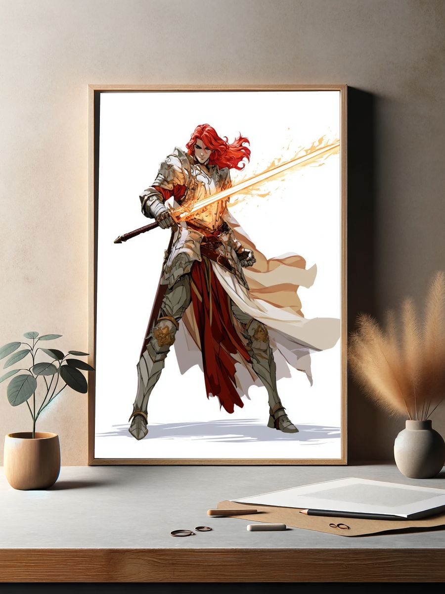 Red-Haired Knight Digital Art Poster. — room view 2