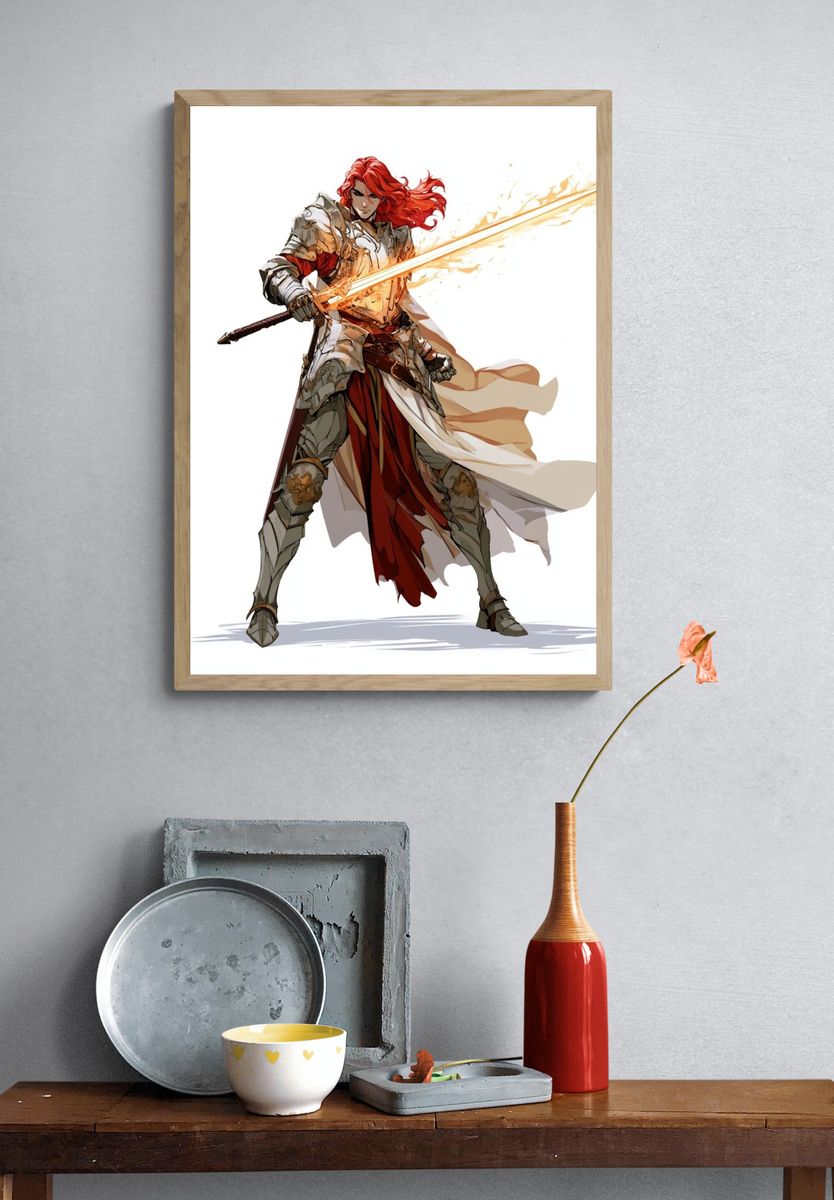 Red-Haired Knight Digital Art Poster. — room view 3