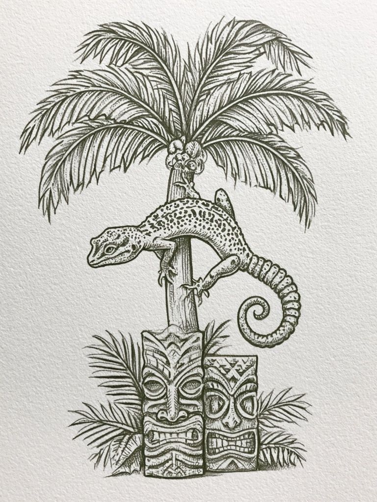 Tropical Gecko Tiki Illustration Poster. poster detail