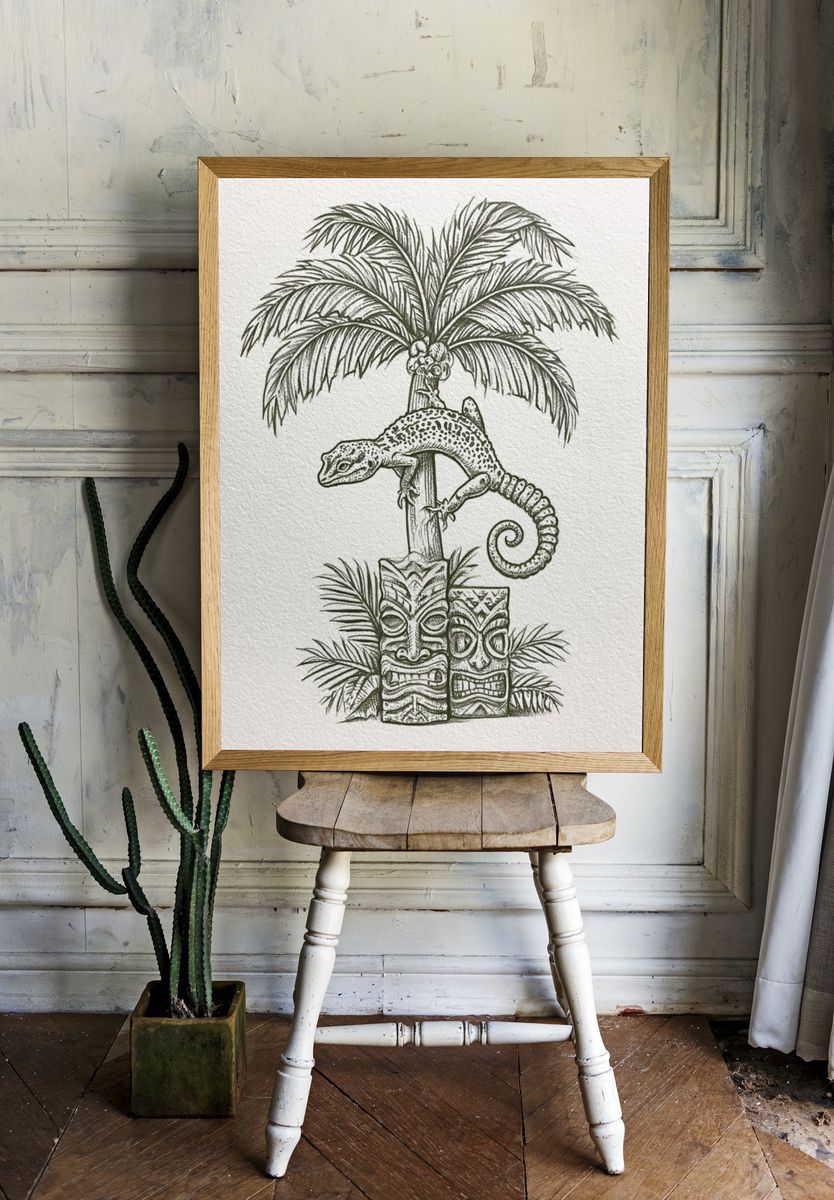 Tropical Gecko Tiki Illustration Poster. — room view 1