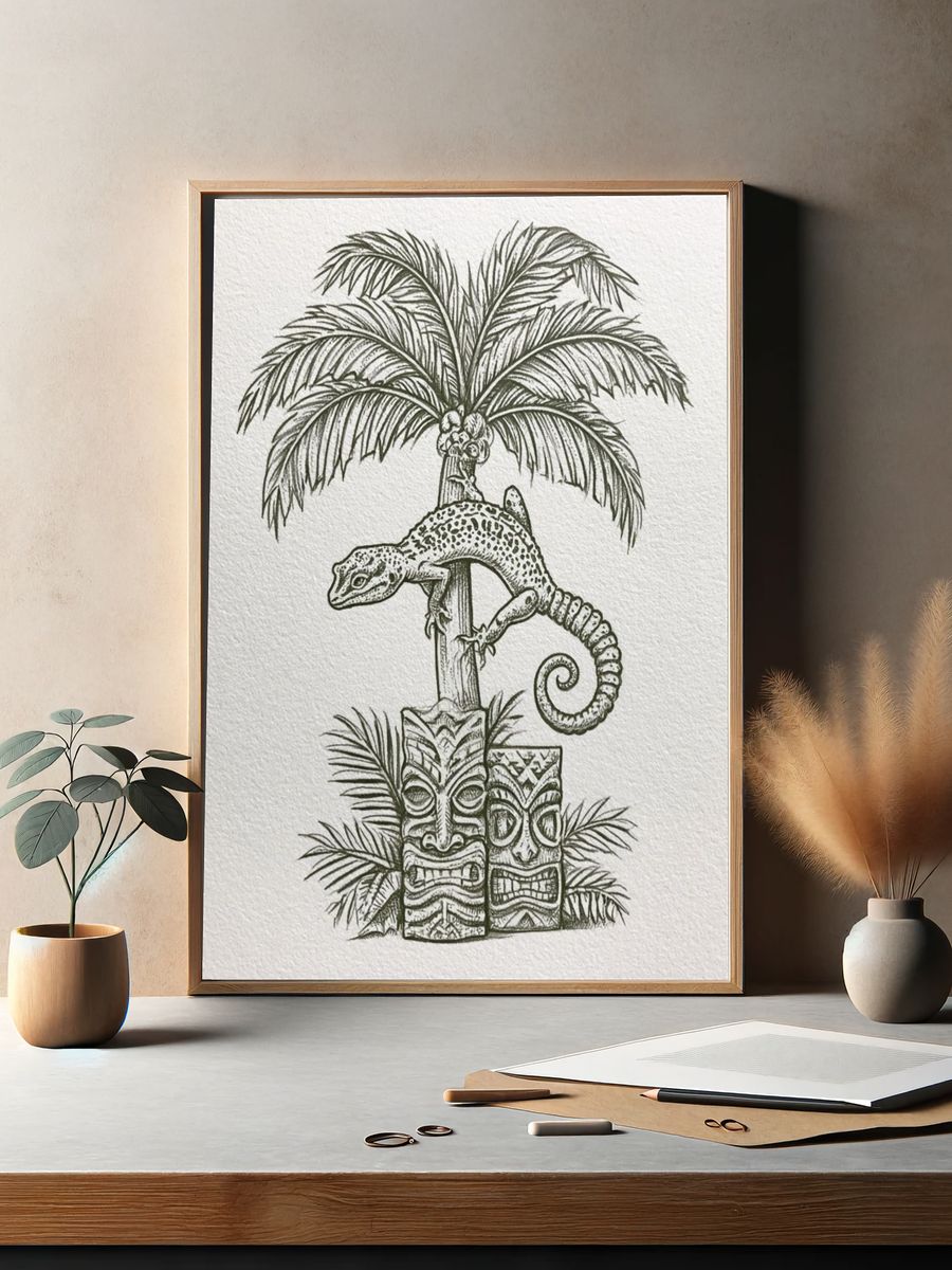 Tropical Gecko Tiki Illustration Poster. — room view 2