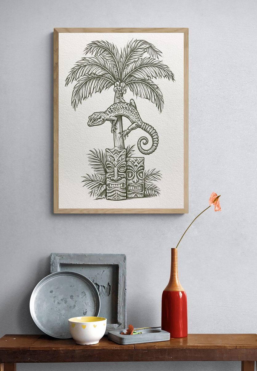 Tropical Gecko Tiki Illustration Poster. — room view 3