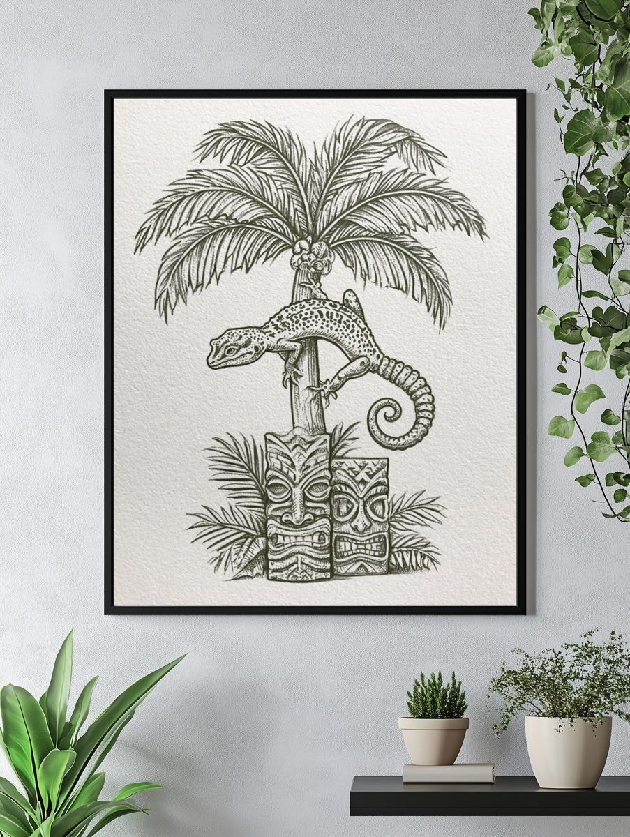 Tropical Gecko Tiki Illustration Poster. — room view 4