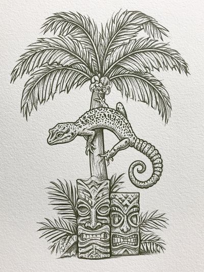 Tropical Gecko Tiki Illustration Poster. poster