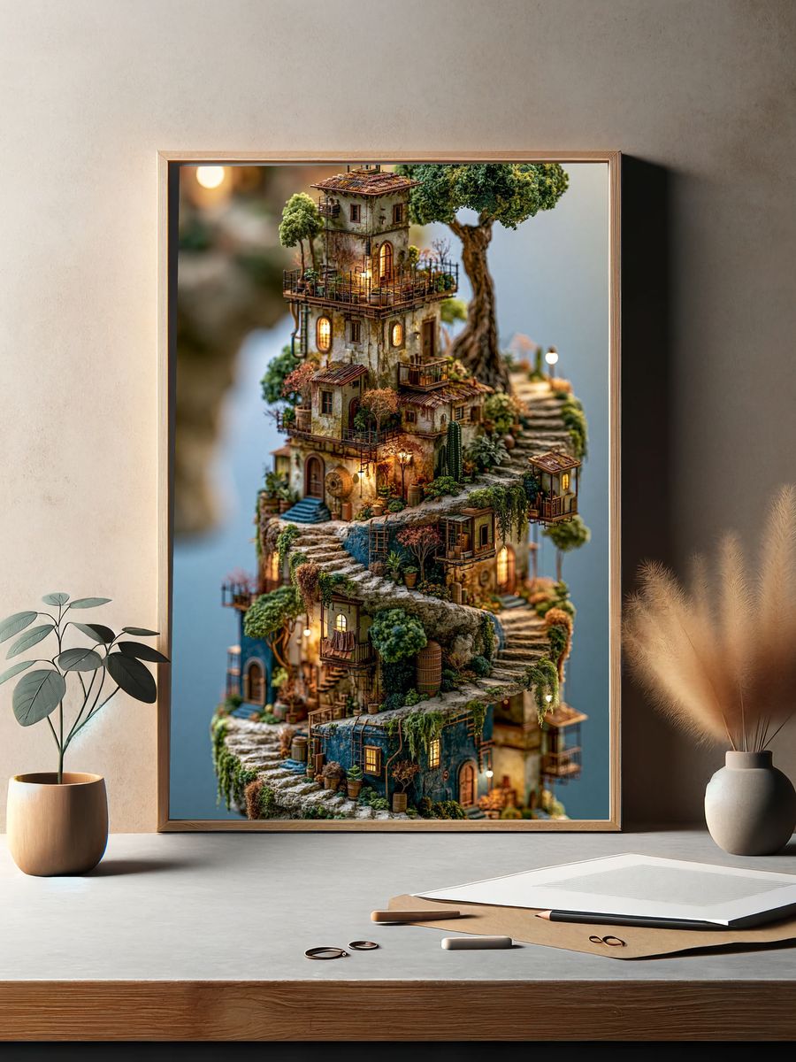 Fantasy Cliffside Village Print. — room view 2