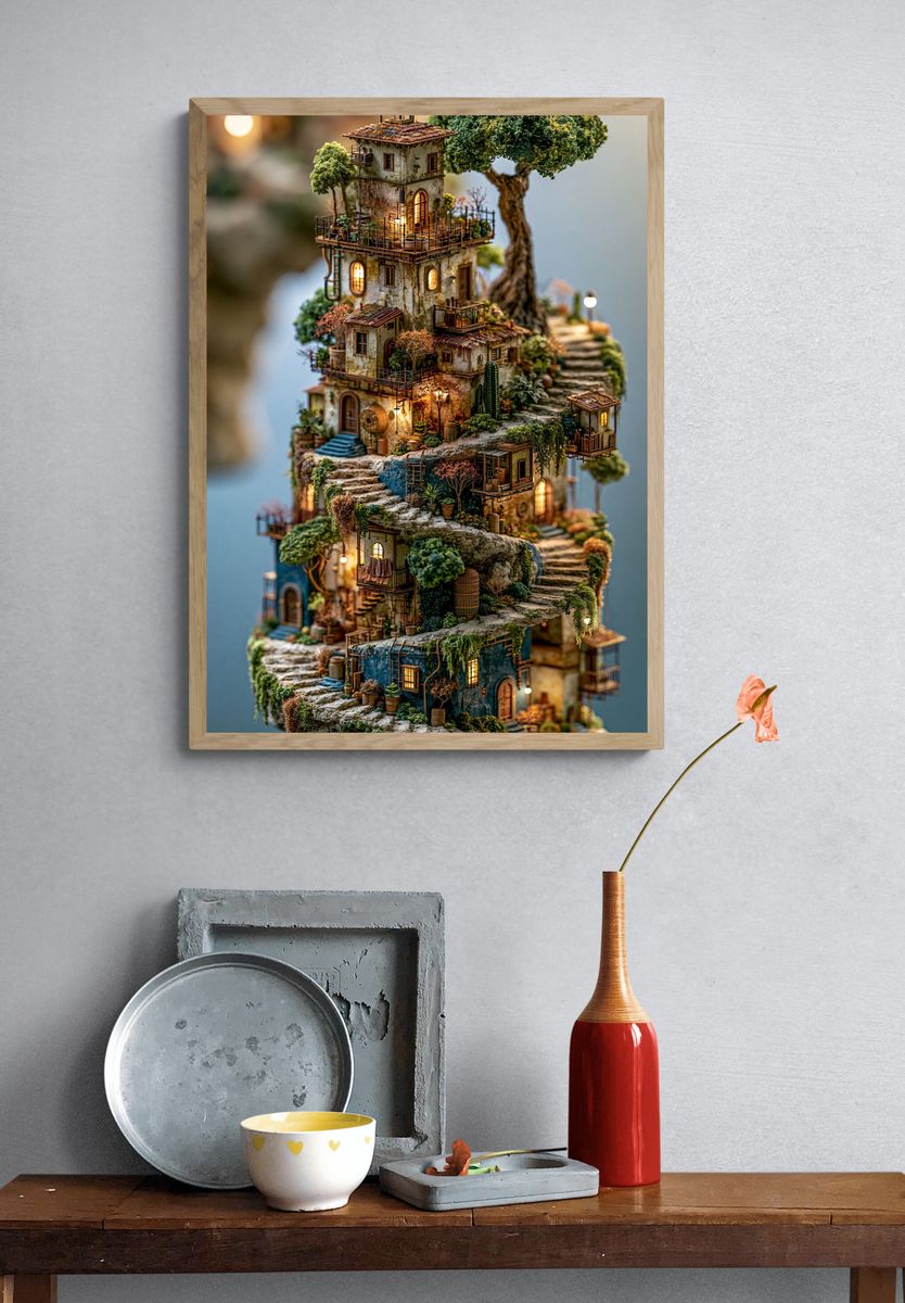 Fantasy Cliffside Village Print. — room view 3