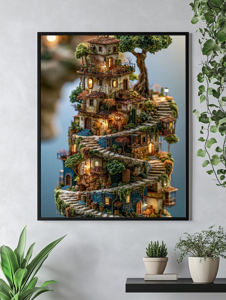 Fantasy Cliffside Village Print. — room view 4