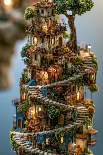 Fantasy Cliffside Village Print.