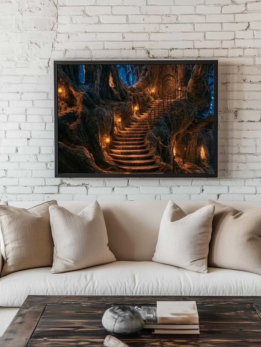 Enchanted Tree Stairway Fantasy Print. room preview