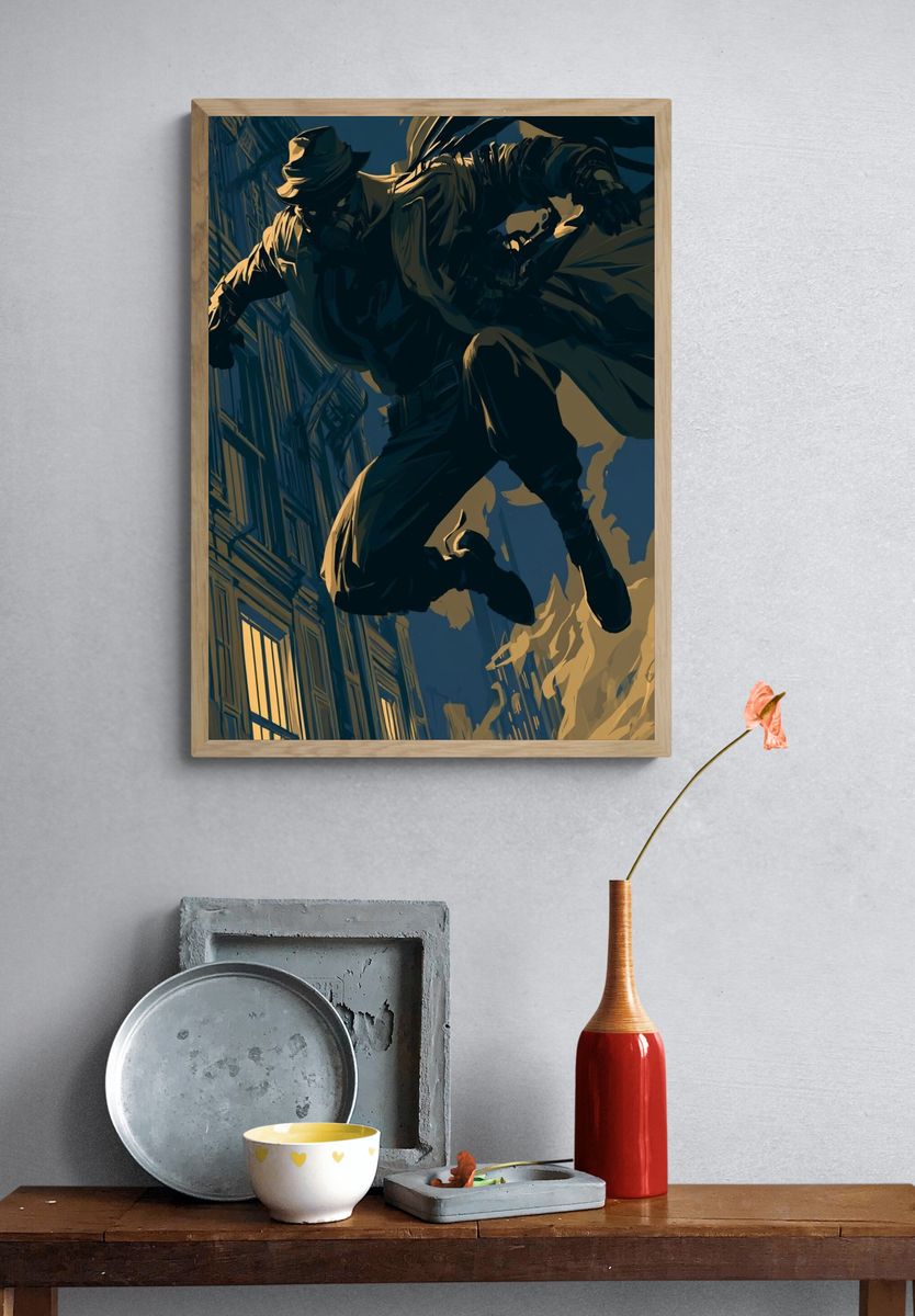 Masked Acrobat Cityscape Illustration Poster. — room view 3
