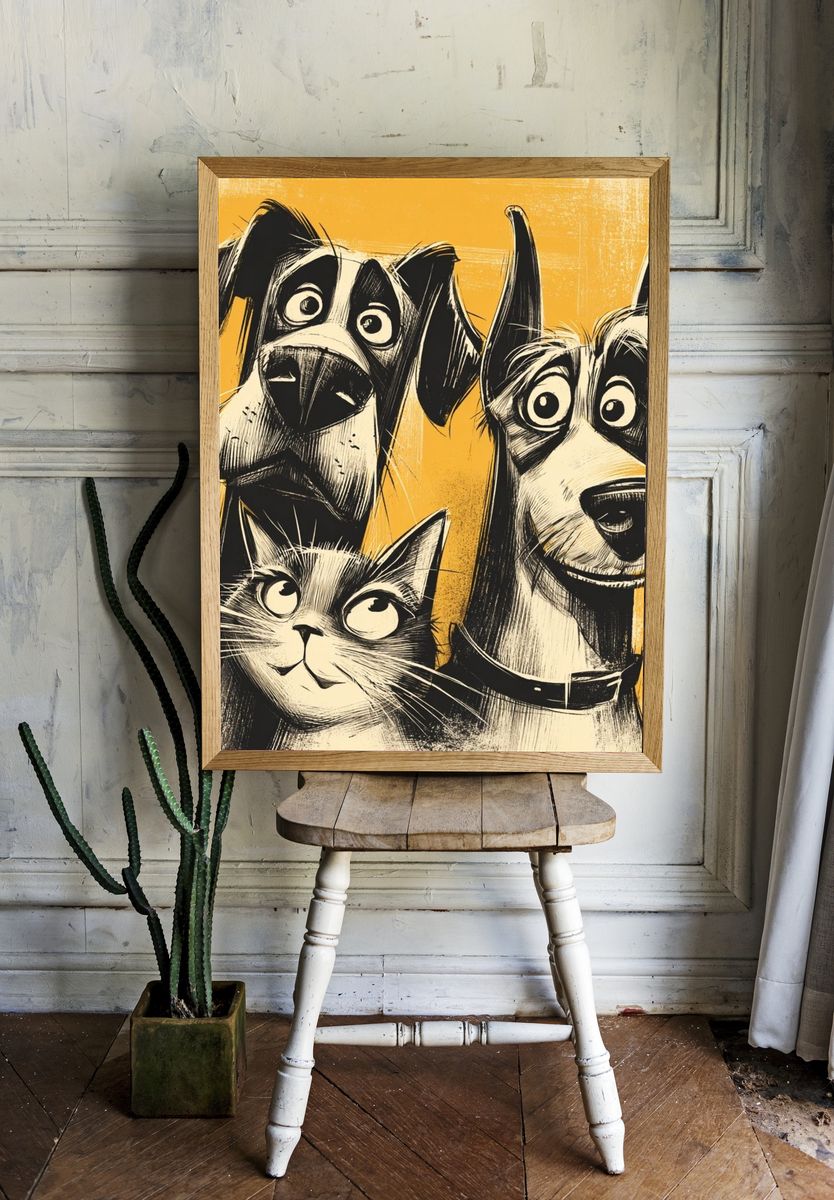 Playful Dogs and Cat Illustration Poster. — room view 1