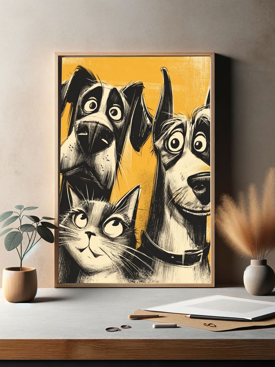 Playful Dogs and Cat Illustration Poster. — room view 2
