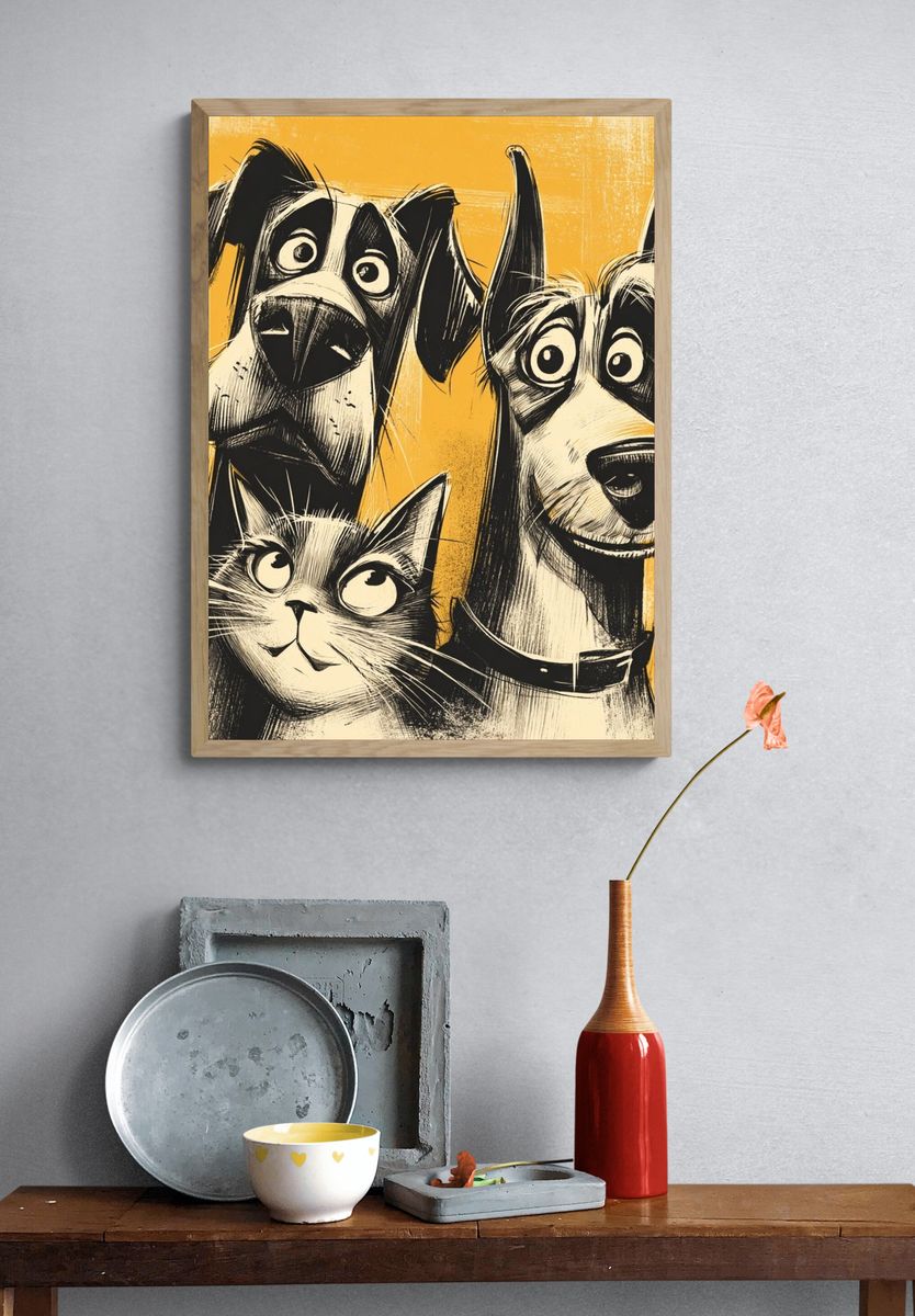 Playful Dogs and Cat Illustration Poster. — room view 3