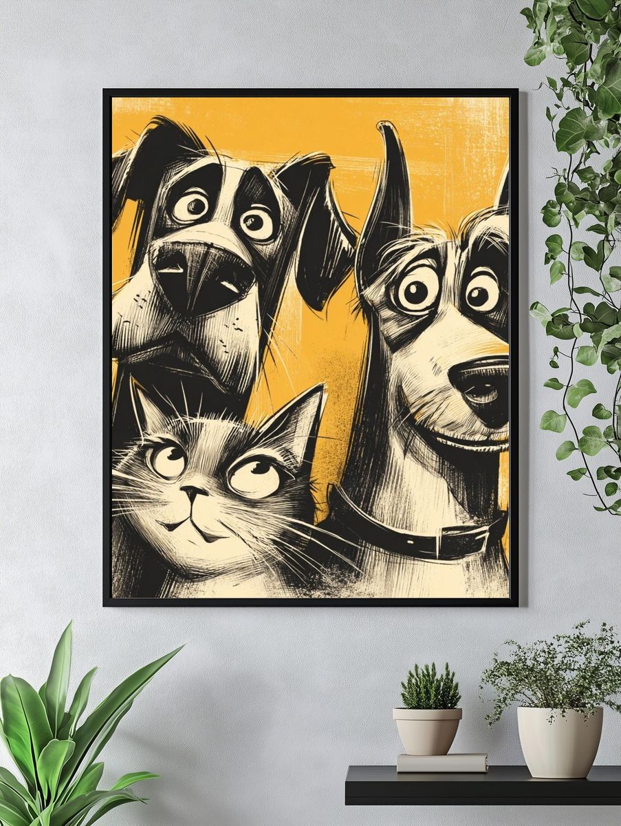 Playful Dogs and Cat Illustration Poster. — room view 4