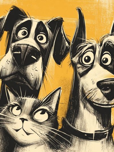 Playful Dogs and Cat Illustration Poster. poster print