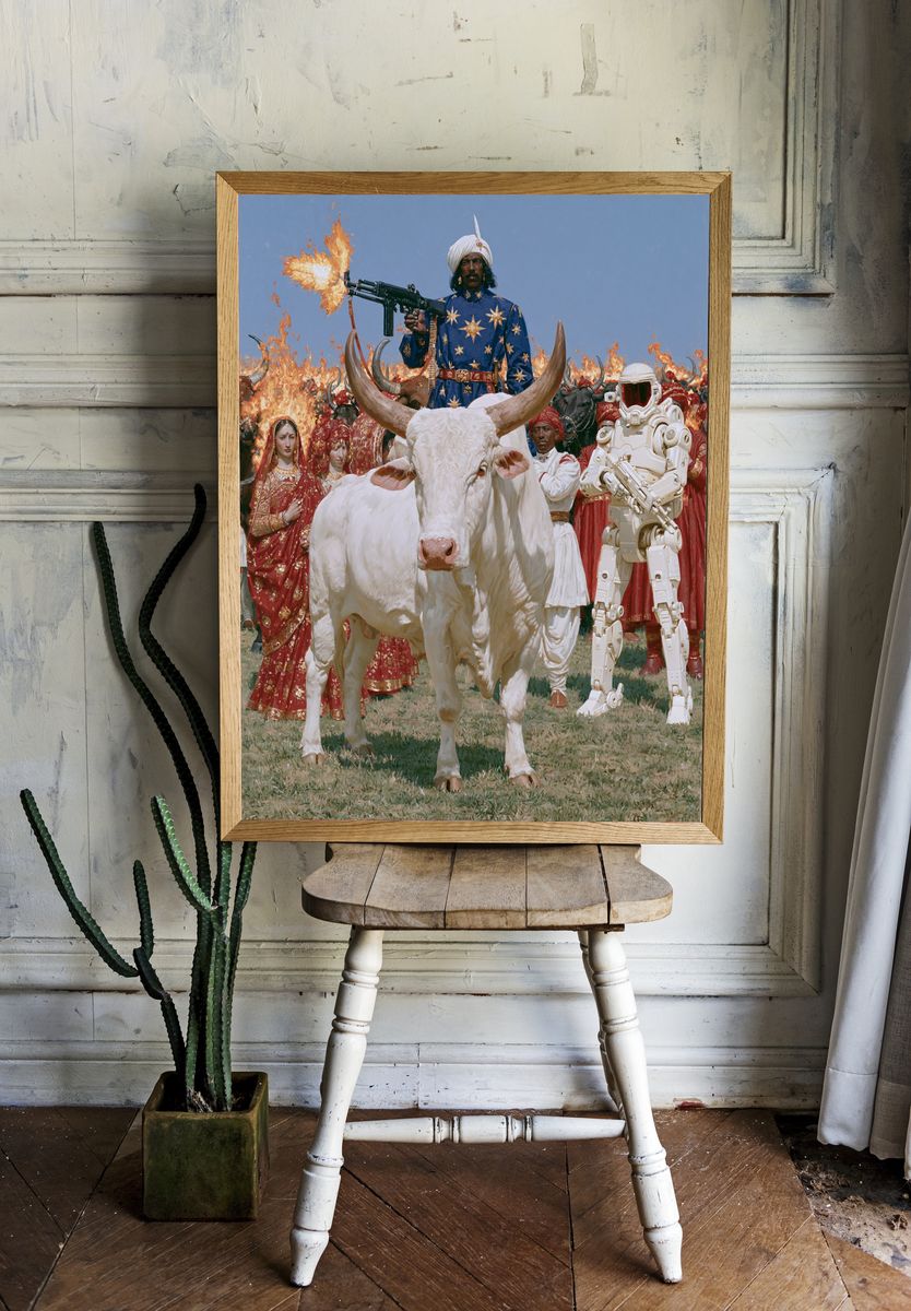 Surreal Bull Parade Illustration Poster. room preview