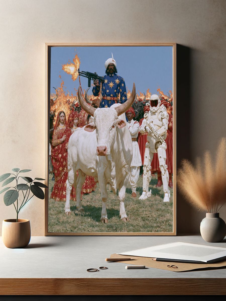 Surreal Bull Parade Illustration Poster. — room view 2