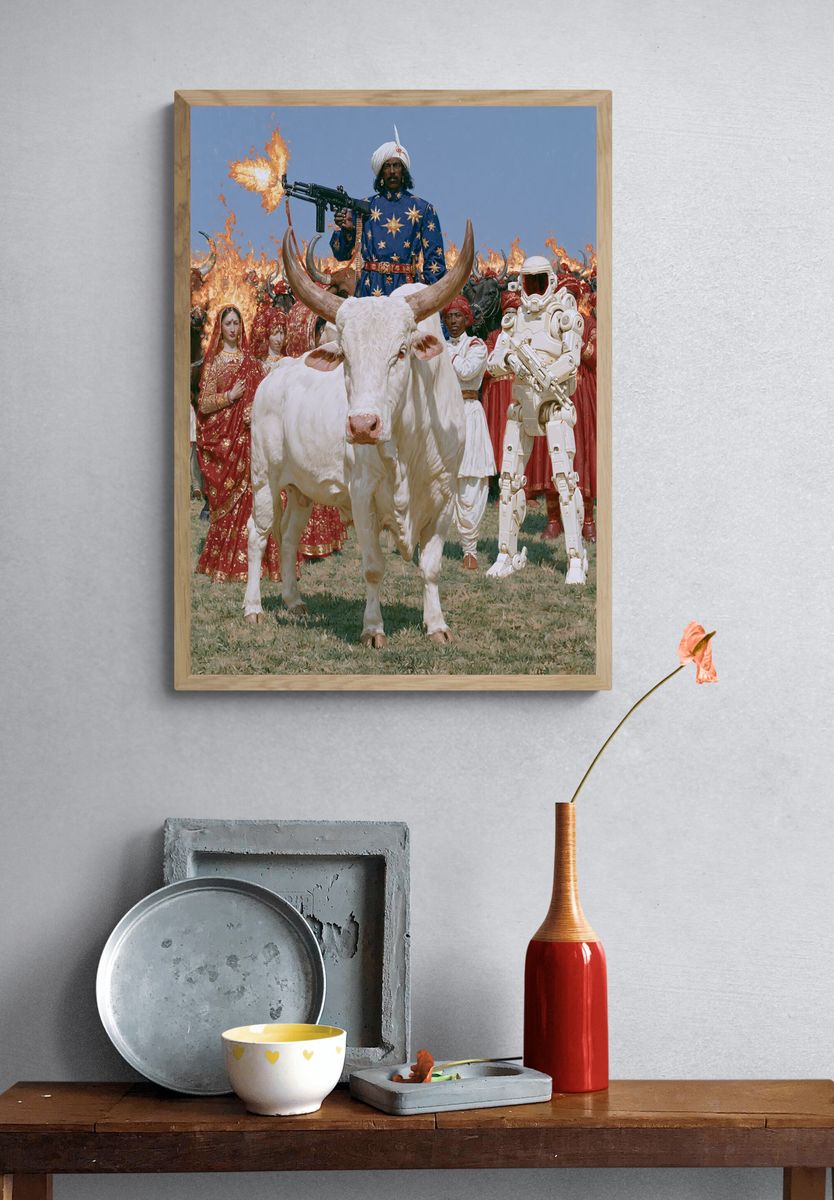 Surreal Bull Parade Illustration Poster. — room view 3