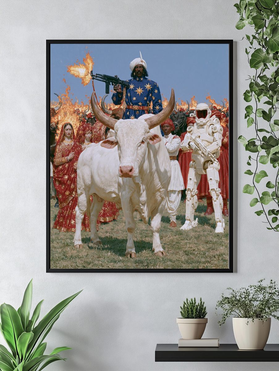 Surreal Bull Parade Illustration Poster. — room view 4
