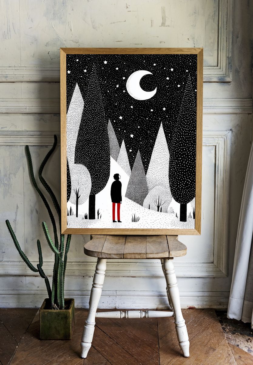 Moonlit Forest Illustration Poster. — room view 1