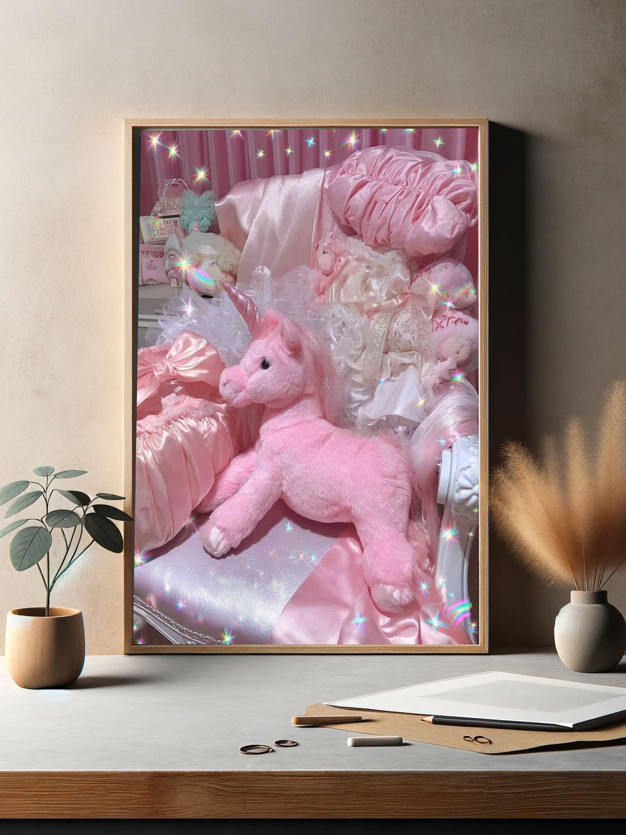 Pink Unicorn Plush Aesthetic Poster. — room view 2
